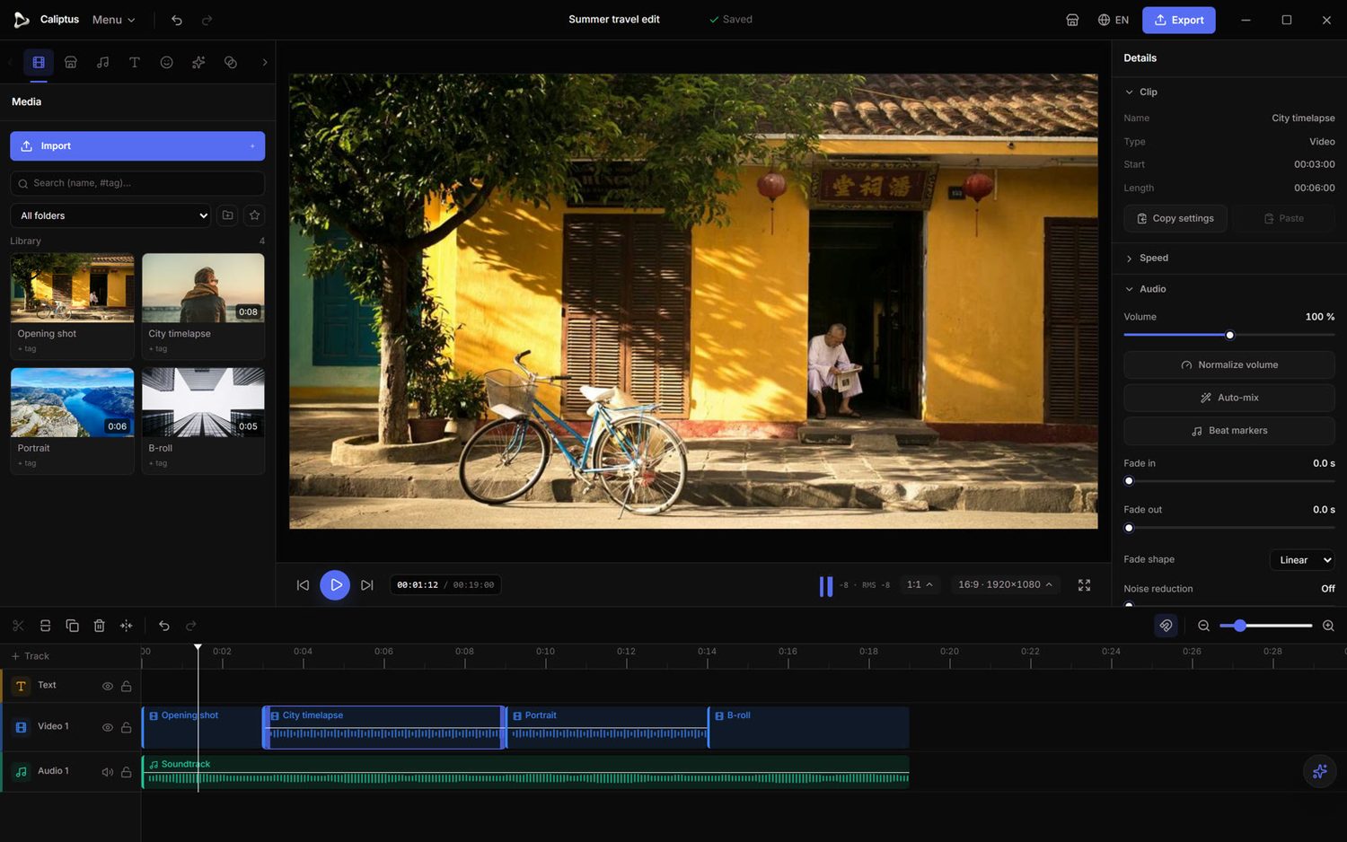The Caliptus editor: timeline, preview and inspector.