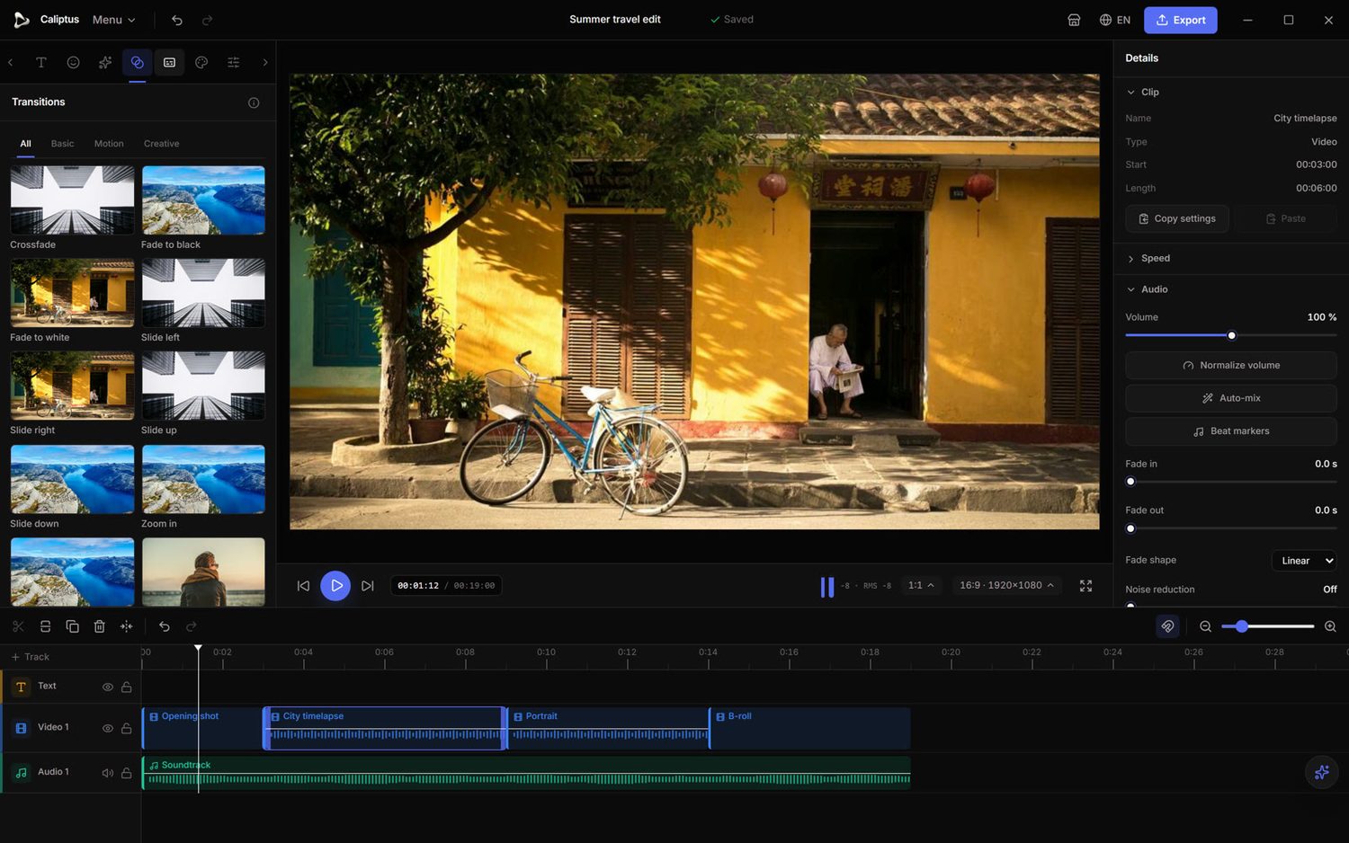 Transitions with true-to-render previews.