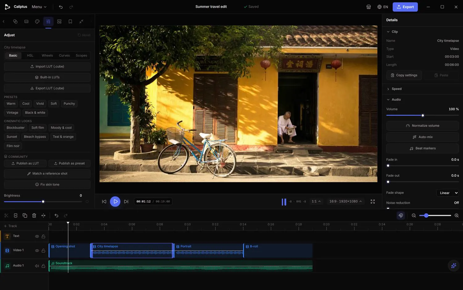 The Adjust tab: sliders, presets, cinematic looks and LUTs on the selected clip.