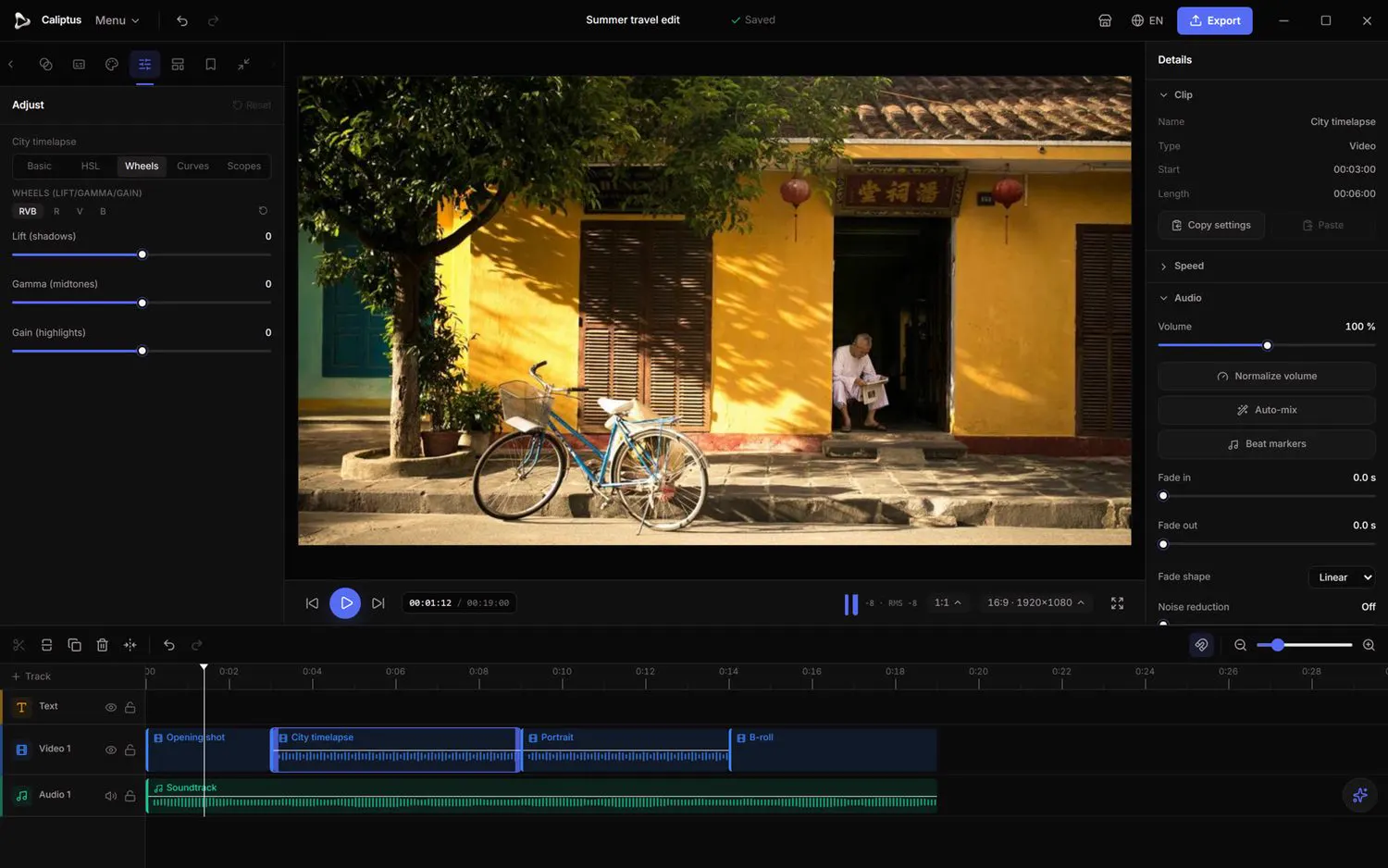 Lift/gamma/gain wheels for a three-way color balance.