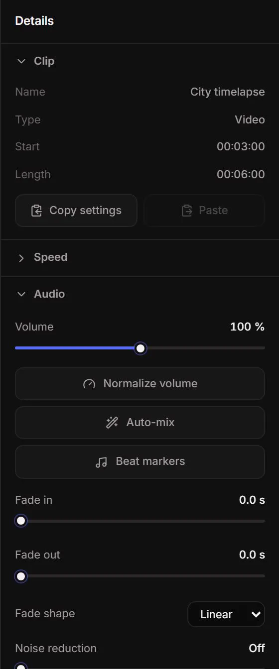 Most AI tools are applied from the Inspector on the selected clip.