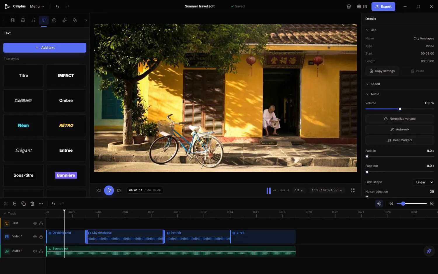 The Text tab: add a title, then style and animate it.
