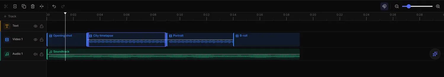 Track headers with mute/hide/lock controls, the ruler, clips and the editing toolbar.