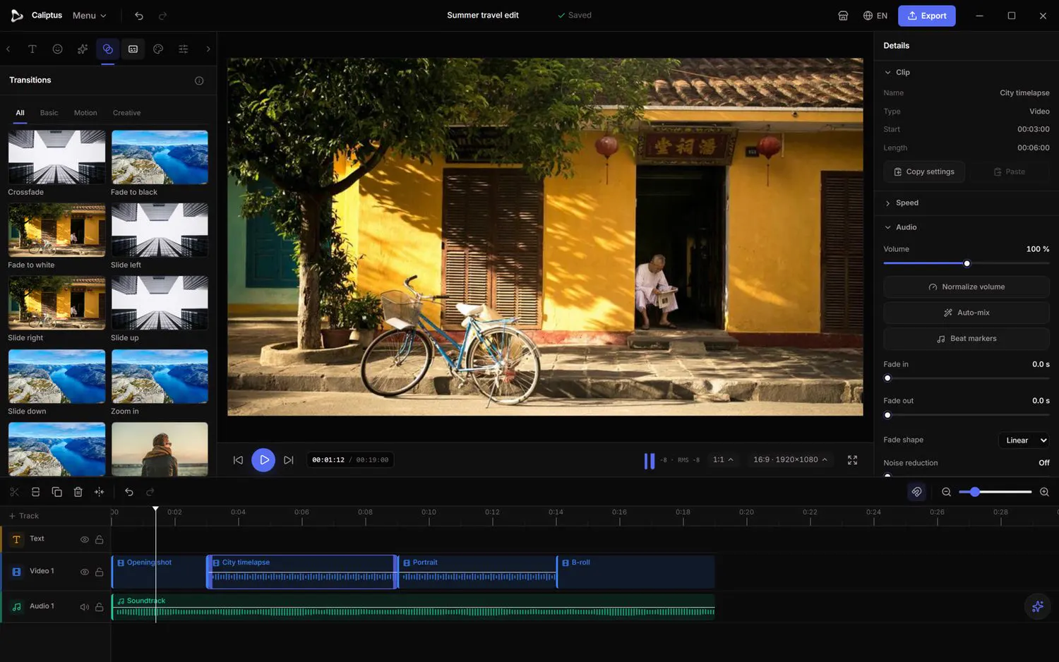 Transitions with live previews, dragged straight onto a cut.